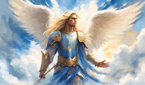 draw a male angel with long blonde hair, a winged helmet, dressed in blue, surrounded by clouds and sunlight. Naif Style. watercolour style