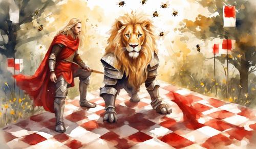 draw a knight. Male. a lion shaped armour. beautiful face. blonde long hair. a red and white chessboard in front of him. nature all around. bees Flying. naif style. watercolour style