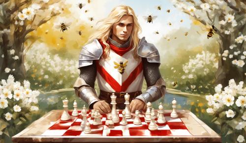 draw a male knight. long blond hair. beaitiful face. a red and white chessboard in front of him. surrounded by nature. bees Flying around white Flowers. naif style, watercolour style