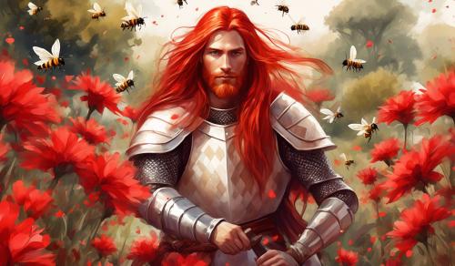 draw a male knight. long red hair and a short beard. Beautiful face. A red and white chessboard in front of him. Surrounded by nature. bees Flying around red Flowers. naif style. watercolour style