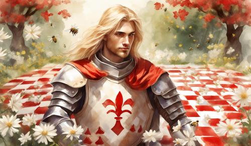 draw a male knight. long blond hair and short beard. beautiful face. a red and white chessboard in front of him. surrounded by nature. bees Flying between white Flowers. Naif style. watercolour style