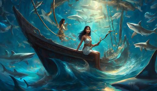 Filipino girl fairy with bow and arrow on a ship surrounded by sharks