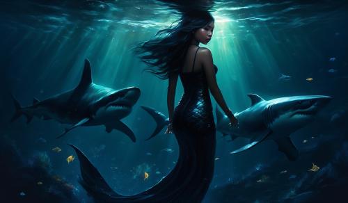 Filipino girl mermaid wearing all black in the dark sea with a shark