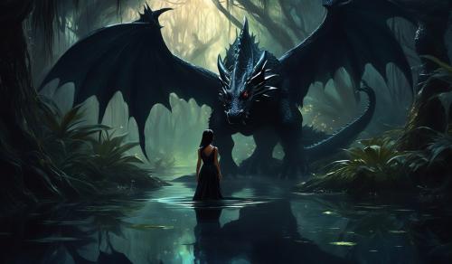 Black dragon with a Filipino girl fairy wearing all black in a dark swamp