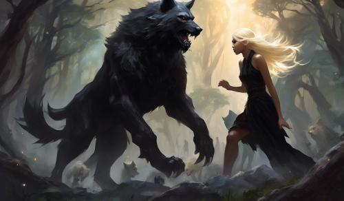 Filipino girl fairy wearing all black with very short haired  blonde fairy man wearing all black in battle with giant werewolf 