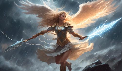 Freyja fighting a valkyrie in the sky during a thunderstorm 