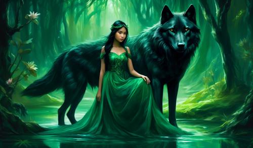 Filipino girl fairy wearing emerald green dress with a black wolf in a dark swamp