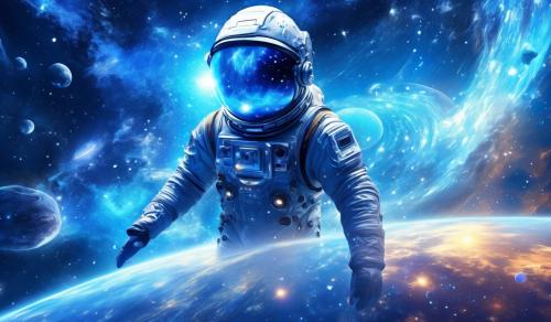 a guy wearing a space suit floating around blue nebula and galaxies and in the back ground 3d text will be behind the guy wearing a space suit the 3d text will be blue with blue electricity saying oldzz  