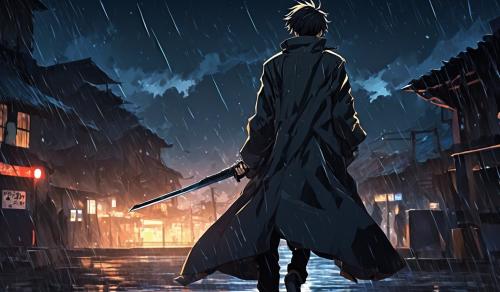 A boy with his back side showing. Wearing a long coat and holdin a sword in one hand and a gun in second hand. Background should be dark and weather should be rainy.