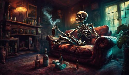 Skeleton on couch in traphouse smoking cigs and drinking hennesy out the bottle but in 90s style fisheye camera