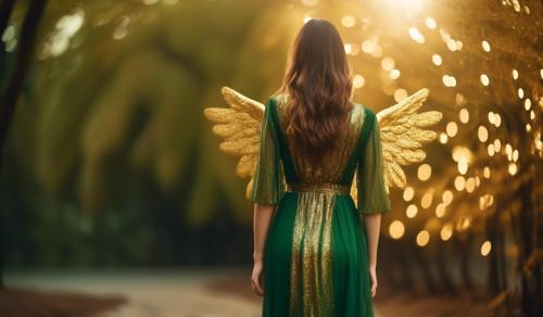 An angel in gold and green dress and brown hair facing her back to the cameraflying away