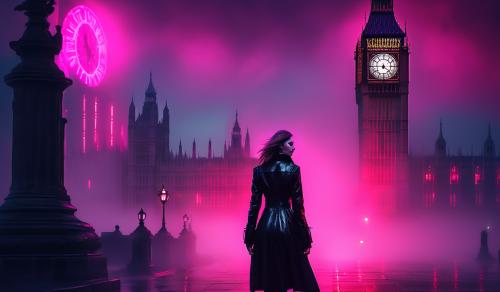 FEMALE VAMPIRE WEARING A BLACK LEATHER DRESS TRIMMED WITH NEON PINK LIGHTS IN FRONT OF BIG BEN SURROUNDED BY FOG AT NIGHT, CYBERPUNK, PHOTOREALISTIC