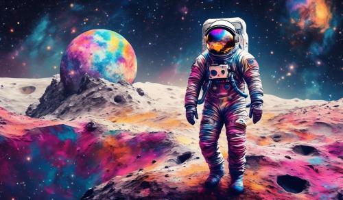 astronaut in a tye dyed spacesuit on the moon