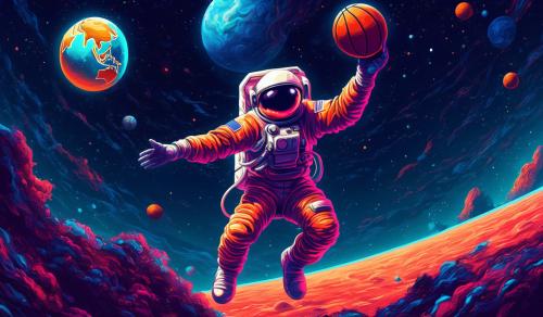 astronaut holding the earth in his hand like if it was a basketball and he's about to make a score. hip hop fantasy, fluorescent tapestry.