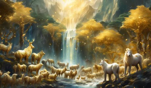 croud of animals stream waterfall forest gold tipped. Mountain, ark