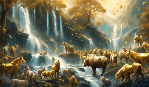 croud of animals stream waterfall forest gold tipped. Mountain, ark