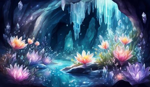 draw Flowers made of crystals. translucent Flowers. In a cave. with water. watercolour style. naif style.