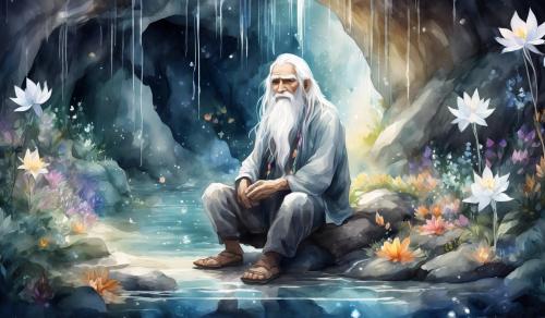 draw an old man with long white hair. he is sitting in a cave. full figure. around him there are 