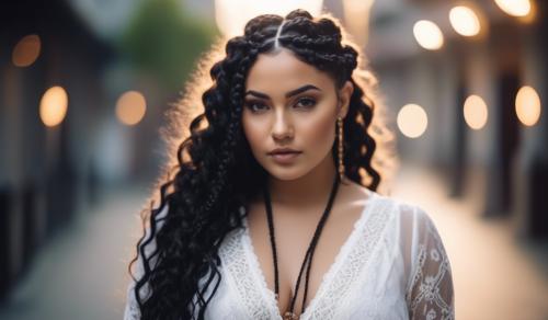 Curvy young woman, low cut white lace blouse, long curly black hair braided with small braids