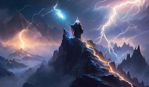 a wizard standing tall on a mountain holding a staff with lightning all around them