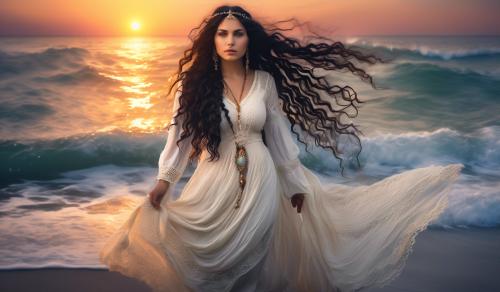 Curvy young witch, low cut lace white blouse, long curly black hair braided with small braids, lots of jewelry, a long coarsely crocheted skirt, stands barefoot in the sea at sunset in Liguria