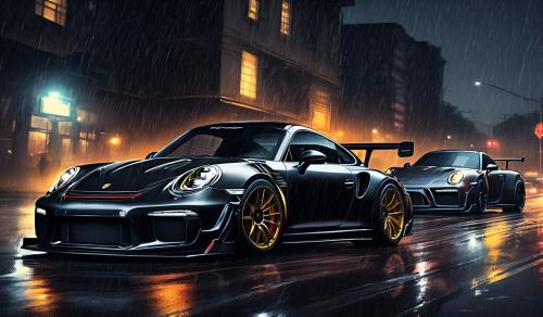 2 cars a Porsche 911 GT3 in black with carbon fibre hood and trunk and a Nissan skyline GTR at night in the rain also with carbon fibre hood and trunk