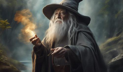 gandalf smoking with a tutle thats wearing a top hat