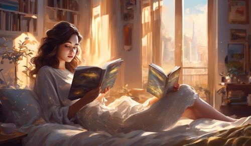 Digital AI girl laying on bed reading book 