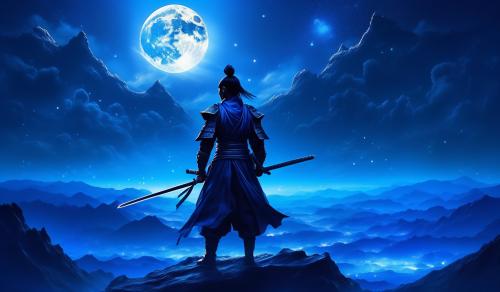 A dark samurai overlooking a blue hued night sky with a full moon