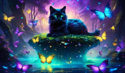 a floating island with an iridescent forest sits a  black cat with purple and teal tiger striped fur and yellowish green eyes watching neon butterflies