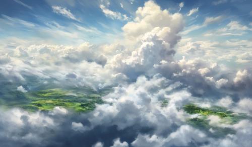 un paisaje realista de las nubes encontrándose con pasto