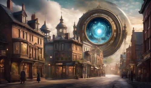 Photograph of a Victorian town with a time portal from the future