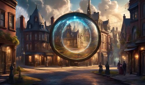 Victorian town with a time portal on a screen on the ground