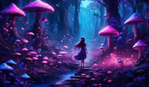 Dark fantasy animated fairies and mushrooms purple and pink and blues theme and wallpaper