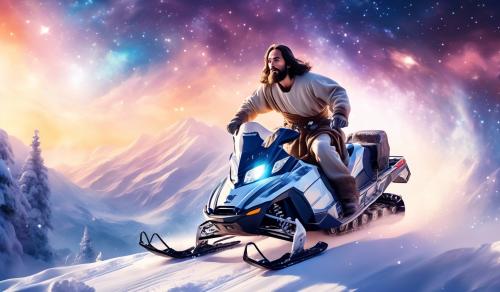 Jesus christ doing flip on snowmobile on heavenly mountain with space sky