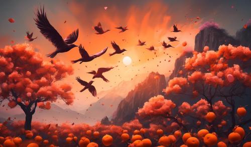 Paisaje con tonalidades naranjas y rosas con siluetas de aves volando