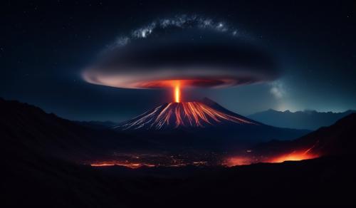 A black hole in the sky above a mountian range with volcanos erupting