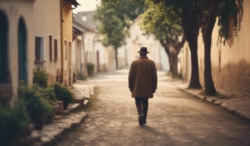 VINTAGE GUY WALKING LONELY THROUGH A VILLAGE STREET