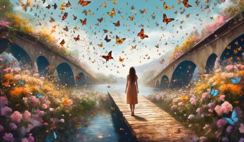 A scene of woman standing in middle of bridge, butterflies and flowers falling down on her.