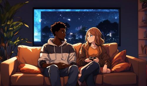 a black dude and a white girl with brown hair cuddling watching tv on the couch