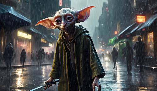 dobby with the slime dagger in the big city rain