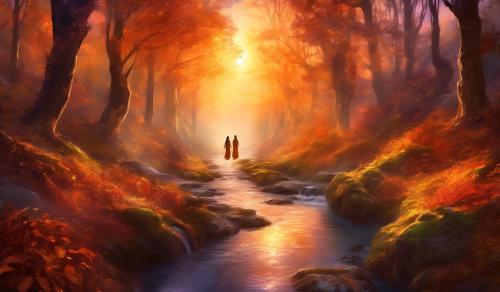 Forest path ,fall season, creek waterflow,a couple together in sunset