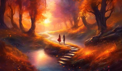 Forest path ,fall season, creek waterflow,a couple together in sunset