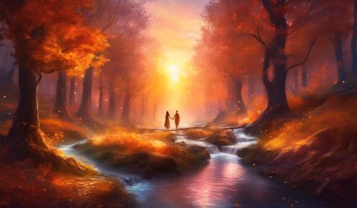 Forest path ,fall season, creek waterflow,a couple together in sunset