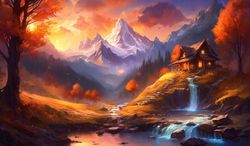 Mountain, Sunset, fall season, creek waterfall,cabin