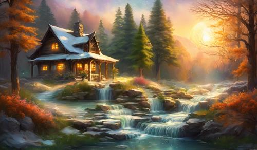 Winter sun rise, creek waterfall, floral,green pines, fall bush colors, stone cabin, lantern, hourse, 