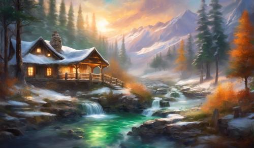 Winter sun rise, creek waterfall, floral,green pines, fall bush colors, stone cabin, lantern, hourse, 