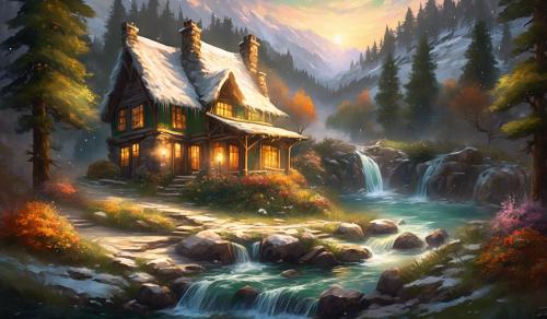 Winter sun rise, creek waterfall, floral,green pines, fall bush colors, stone cabin, lantern, hourse, 