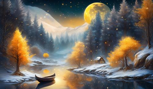 Winter glitters, moonlit forest, creek waterfall to lake,with yellow and orange bushes,floating acrorn boat