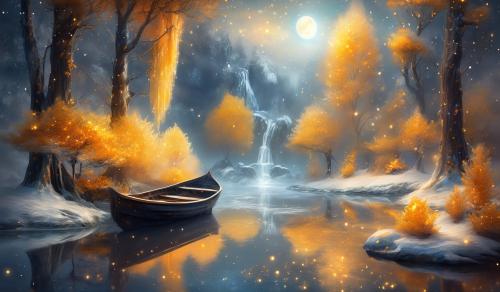 Winter glitters, moonlit forest, creek waterfall to lake,with yellow and orange bushes,floating acrorn boat